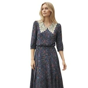 Vintage 1980's Midi Dress V Neck Lace Collar Purple Mix Paisley